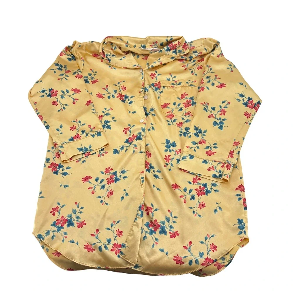 Romantic Moods Yellow Floral‎ Satin Sleep Shirt Button Front Nightgown Large